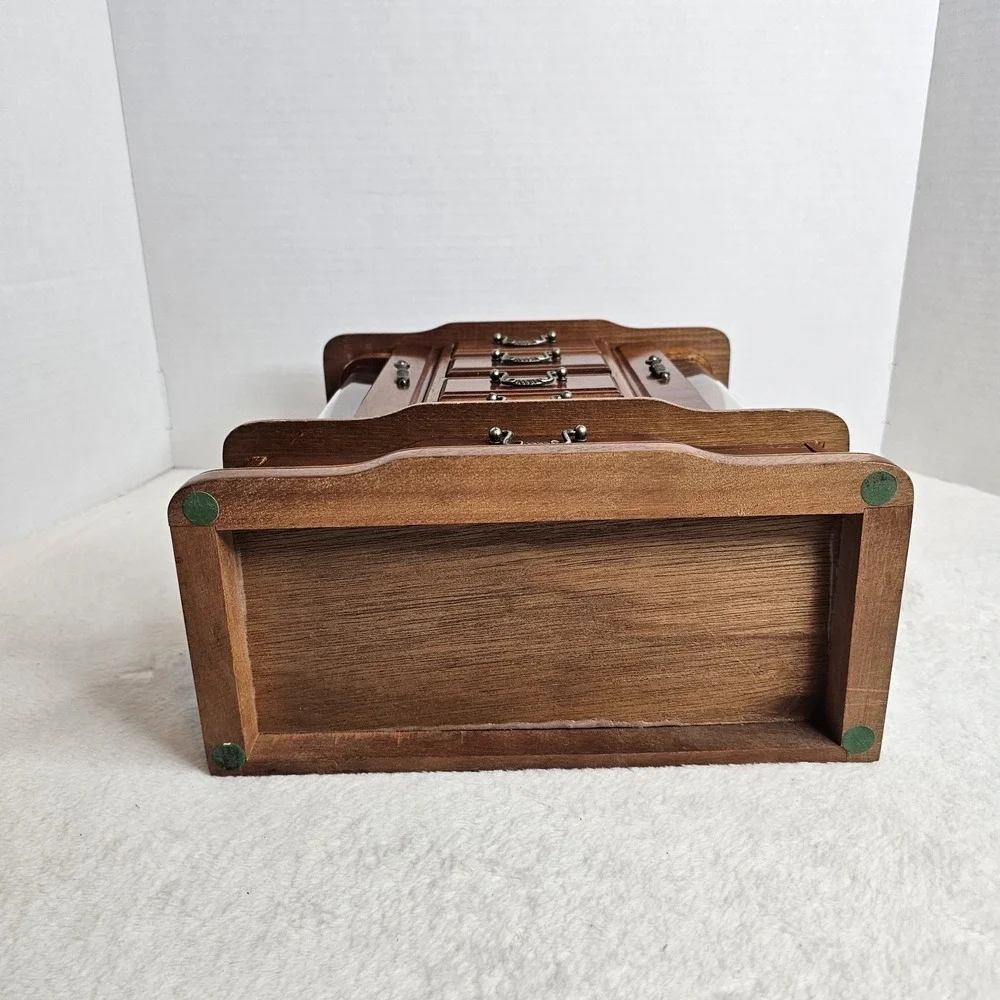 Vintage Wooden Jewelry Armoire Box Glass Side Doors 5 Drawers Brass Pulls Brown